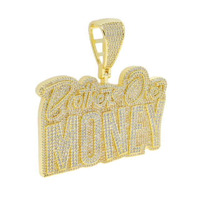 New Hip Hop Brothers Over Money Pendant Necklace Gold Color Iced Out Bling CZ Cubic Zirconia Letters Charm Men Women Jewelry