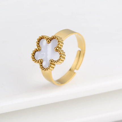Adjustable Stainless Steel five-leaf Flower Opening Ring Fashion Women Plum Blossom Finger Jewelry Classic Party Gift Clover