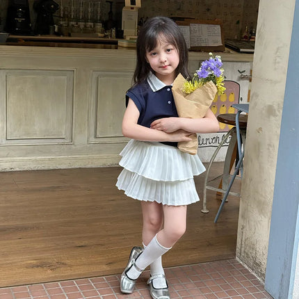 2025 Summer Children's Casual T-shirt Sleeveless Top for Girls and Babies, Color Contrasting Small Collar Polo Tank Top