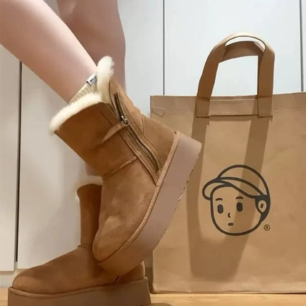 Luxury Winter Women Long Plush Warm Snow Boots Casual Shoes New Suede Fur Chelsea Ankle Boots Flats Platform Ladies Thick Shoes