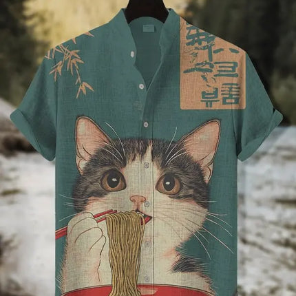 Men's Edo Cat Samurai Warrior Japanese Art Anime Shirts 3D Print Casual Hawaiian Shirts Summer Men Women Short Sleeve Blouse Top
