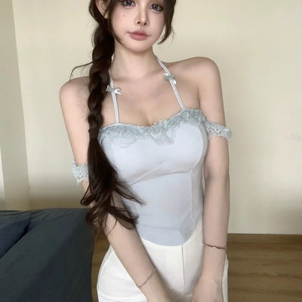 Pure Desire Lace Strap Vest Women Sexy ort Blue Top with Chest Pad Hanging Ne  Knot Nylon Cotton Spandex Blend