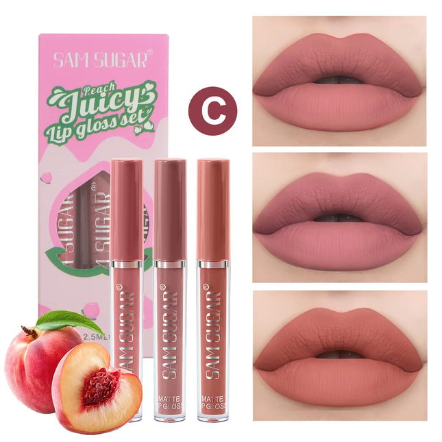 Fruit Cherry Strawberry Liquid Lipstick Makeup Kit Non Stick Cup Colorfast Long Lasting Velvet Matte Peach Lip Gloss Set 3pc/set