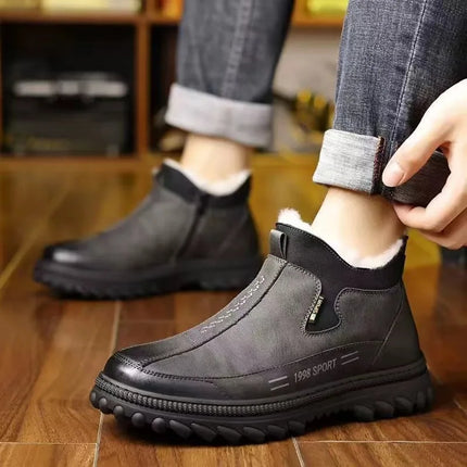 Men's Winter Casual Shoes Thickened Fleece Lined Waterproof Leather Surface Warm Wear Resistant Work Shoes Slip on round Toe