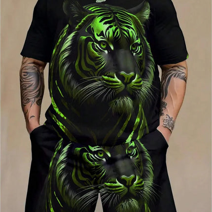 2024 New Crew Neck Short Sleeve T-shirt Fashion Shorts Set 3D Lion Print Short Sleeve Shorts 2-piece Men's Summer Sports Set