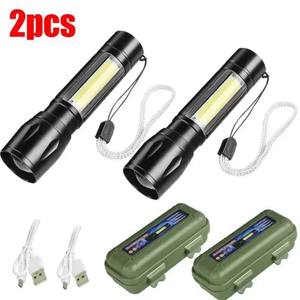 Powerful Mini LED Flashlight COB+XPE Zoom Torch Built In Battery USB Rechargeable Light Outdoor Portable Camping Emergency Lamp