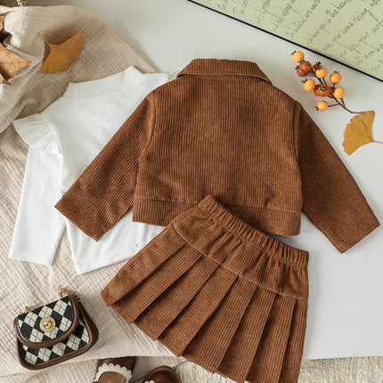 Baby Girl Autumn Winter Trendy Three Pieces Jacket Black High Collar Knitted Solid Long SleeveTop Skirt Street Party ClothesSet