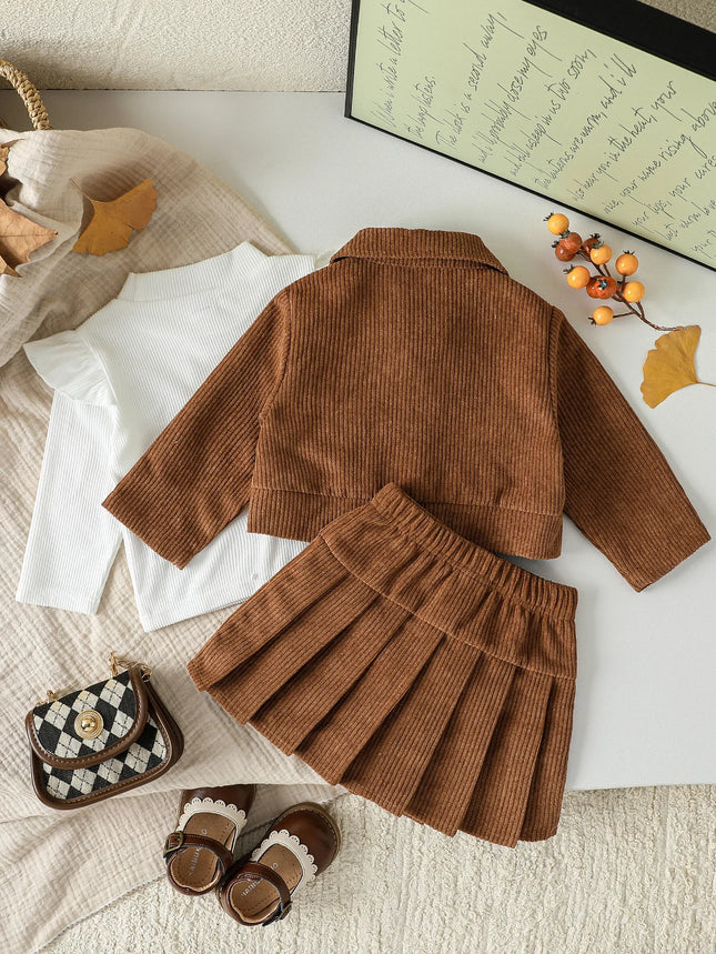 Baby Girl Autumn Winter Trendy Three Pieces Jacket Black High Collar Knitted Solid Long SleeveTop Skirt Street Party ClothesSet