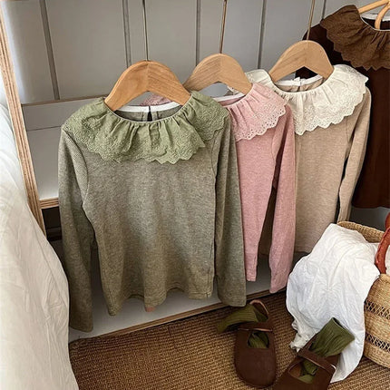 1-12 Years Long-Sleeved Shirts Children's Spring Knitted Tops Baby's Lace 2025 Lace Base Shirt Korean Girls Ruffle Collar T-shirt