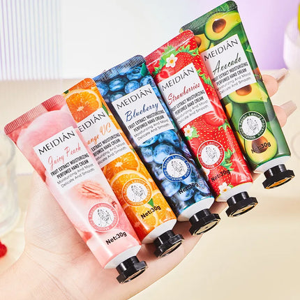 Five piece fruit scented hand cream for moisturizing and long-lasting fragrance retention. Hand care mask cream