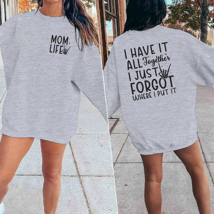 "Mom Life" Graphic Sweatshirts Forgot Where I Put It Funny Graphic Pullover Top Skeleton Hand Design Casual Women's Sweater