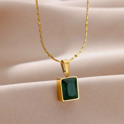 Trendy Oval Colorful Stone Necklace For Women Stainless Steel Gold Color Green Opal Stone Pendant Necklace Aesthetic Jewelry Gif
