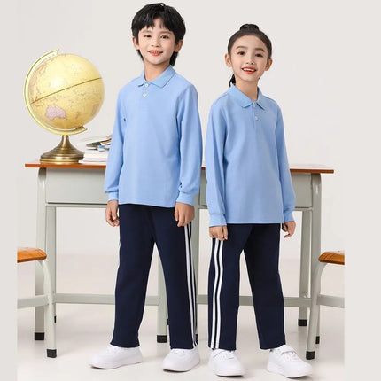 Spring Autumn Tops School Wear Clothing Blue White Cotton T-shirts Kids Boys Girls Polo Shirts 2025 New Arrival Children Casual