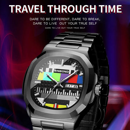 BINBOND Creative TV Dial Men's Watches New Fashion Original Retro Design Luminous Quartz Wristwatch For Men With Calendar Week