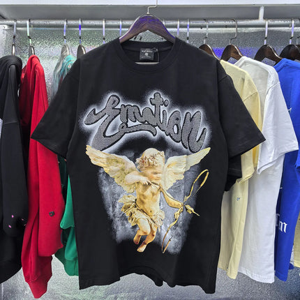 MIXED EMOTION Rhinestone Short Sleeve Men Women Tshirt Streetwear Cotton Loose Round Neck Top Tees Oversized Tee Top Trendy
