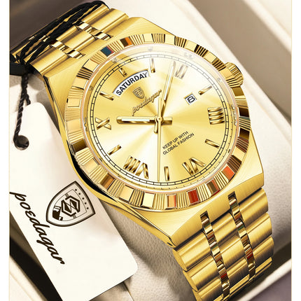 POEDAGAR Business Man Watch Week Date Waterproof Luminous Original Watches For Men Stainless Steel Men's Quartz Wristwatch Reloj