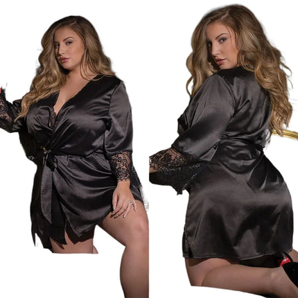 New Hot Sexy Lingerie Plus Size 5XL Satin Lace Black Kimono Intimate Sleepwear Robe Sexy Night Gown Women Erotic Underwear