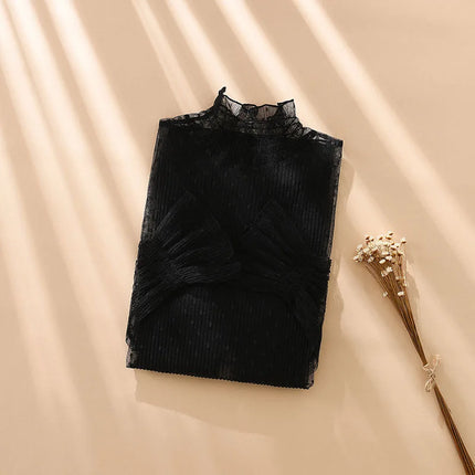 Women's Black Lace Flared Sleeve Slim Fit T-Shirt Long Sleeve Round Neck Base Shirt Fashion Kimono Bottoming Top for Women