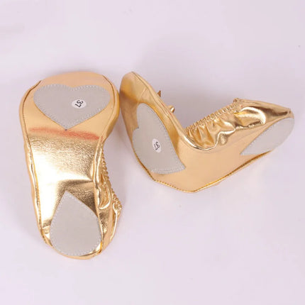 Comfortable Bowknot Belly Dancing Shoes Leather Golden Indian Dance Shoes Foldable Round Toe Foldable Ballet Flats Ladies