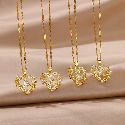 Heart Initial Letter Necklaces For Women Gold Color Stainless Steel Chain A-Z Alphabet Pendant Necklace Birthday Jewelry Gift