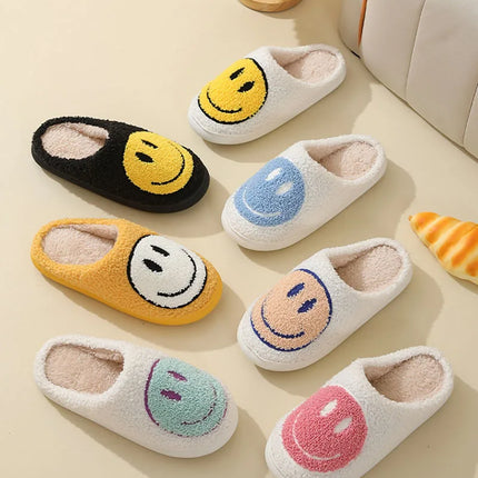 Cute Smiles Women's Fluffy Slippers Winter Indoor Closed Toe Warm Couple Slippers Woman Non-slip Flat Heel Fur Home Slides Shoes