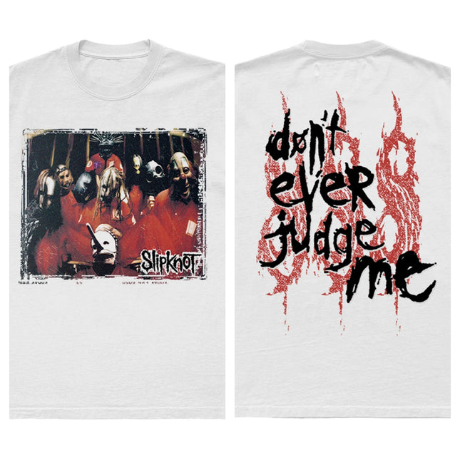 Slipknot "Don't Ever Judge Me" Themed T-Shirt (Red-Robed Masked Member Art + Rebellious Slogan Design + Graffiti-Style Decor