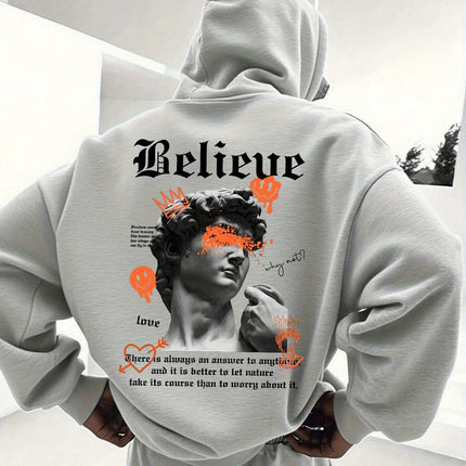 Unisex Street Pullover Hoodie Front Back Dual Print David Statue Graffiti Smiley Text Graphic 2026 Spring Clean Fit Y2K Viral