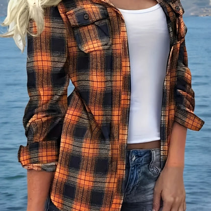 Plus Size 1XL-5XL Women Soft Polyester Fabric Plaid Shirt Casual Fall/Winter Style Machine Washable Button-Up Design Shirt