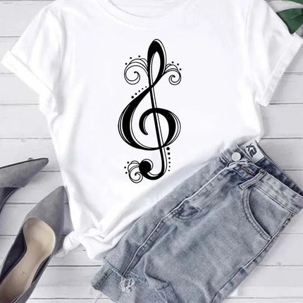 Fashion Women T Shirt Musical Note Printed T Shirt Casual Black Tops 90s Ladies Girls Tee Shirt Female Harajuku Graphic T-shirt