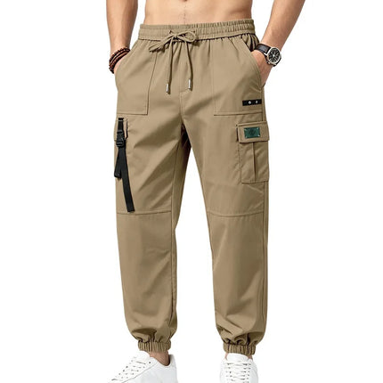 2026 New Men Streetwear Multi Pocket Decor Strap Cargo Joggers Elastic Waist Loose Ankle Lightweight Outdoor Casual Work Pants