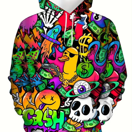 Colorful Cartoon Pattern Hoodies For Men Fun Letter 3D Printed Sweatshirts Autumn New Casual Long Sleeves Pullover Unisex Tops