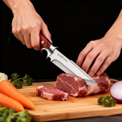 Fixed Blade Knife Kitchen Knife with Wooden Handle Leather Sheath for Cleaver Meat Fish Fruit Vegetable Slicing Cooking Butcher