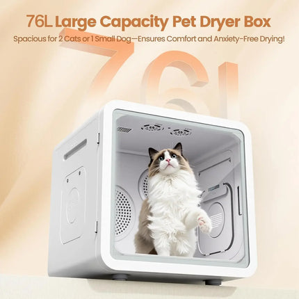76L Smart Pet Dryer Box with APP Temperature Control 360° Airflow 5 Grooming Modes Timer Child Lock for Cats Custom