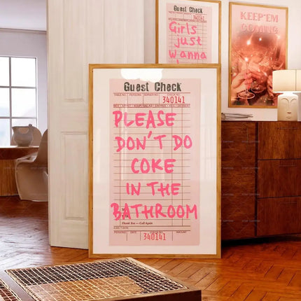 Retro Please Don't Do Coke In The Bathroom Beige Groovy Animated Hearts Wall Art Canvas Painting Posters Living Room Home Decor