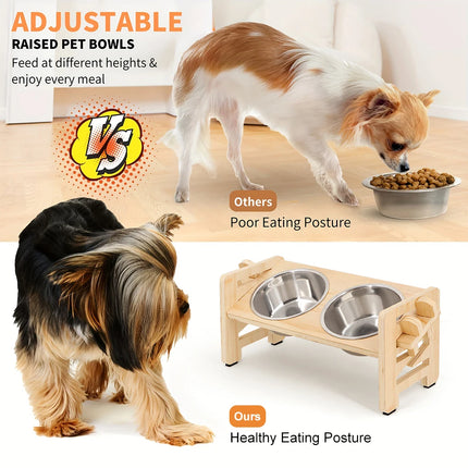 Elevated Puppy Bowls Food Mat Raised Dishes Food and Water Feeder 15° Tilted Stand 2 Stainless Steel Bowls for Small Dogs Cats