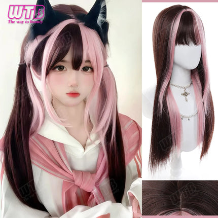 WTB Pink Highlighted Synthetic Lolita Wig for Women Long Straight with Bangs Suitable for Everyday Wear Holidays and Cosplay