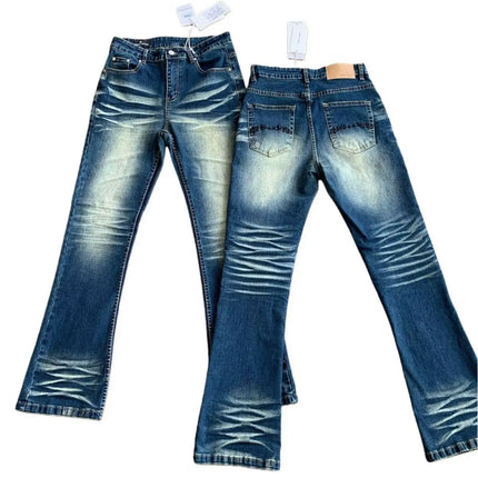 Luxury Jeans for Man Original 2026 Wind Heavy Water Wash Dark Blue Washed Cat Beard Jeans Slightly Slim Fit Old Long Pants Men