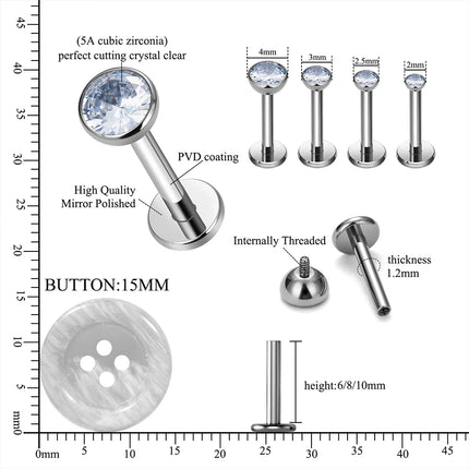 10/50PCS G23 Titanium Piercing Labret Lip Studs 16G CZ Internally Threaded Nose Septum Ring Eyebrow Tragus Cartilage Jewelry