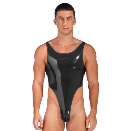 Sexy Mens High Cut Crotchless Patent Leather Bodysuit Catsuit One Piece Wet Look Backless Sleeveless Leotard Clubwear Costume
