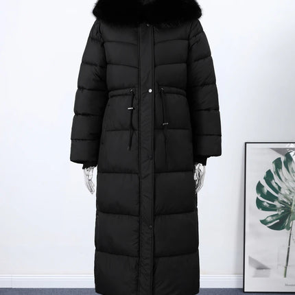 Women's Winter Long Down Jacket With Hood Drawstring Waist Fur Collar Zipper Quilted Padded Jackets 2026 Warm Parka Outwear