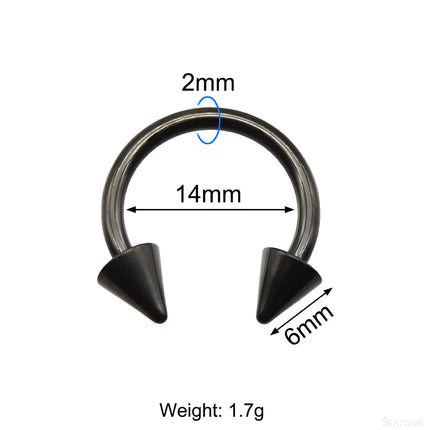 1Pc Large Gauge Black Stainelss Steel Horseshoe Ring with Spike Circular Barbell Piercing Nose Rings Cone Piercing Septum Rings