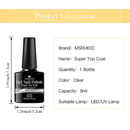8ml Glass Super Top Coat Nail Gel Long-Lasting Shine for 45 Days+ LED Curing No-Wipe Ultra Bright Durable Wear Resistant Vernis