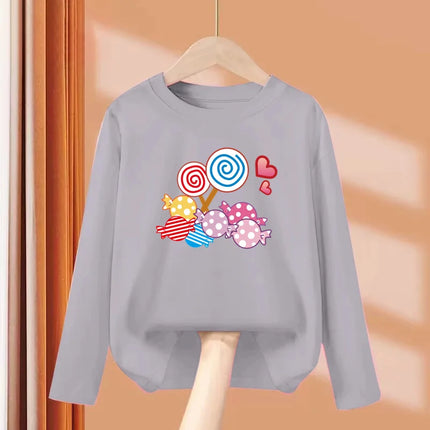 Little Girl Lollipop T-shirt Autumn Long Sleeved Tops Candy Cartoon Clothes Casual Round Neck Cotton Tees 3-14Y