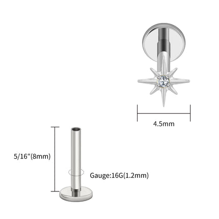 Right Grand ASTM F136 Titanium CZ North Star Flat Back Earring 16G Tiny Starburst Helix Cartilage Stud Earlobe Piercing Jewelry