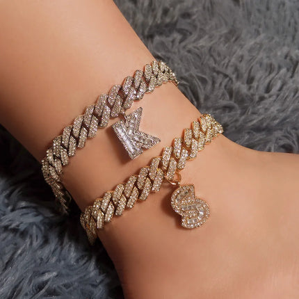 New 14MM Iced Out Cuban Chain 26 Initial Letter Anklets for Women Bling Paved Rhinestone Hip Hop Ankle Bracelet Barefoot Jewelry