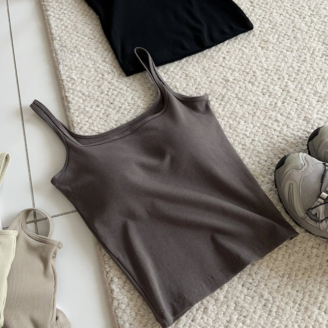 Women's Vest with Built-in Bra Pad Elastic Ribbed Square Collar Csole Tank Top ort Length  Color Versatile Summer F...