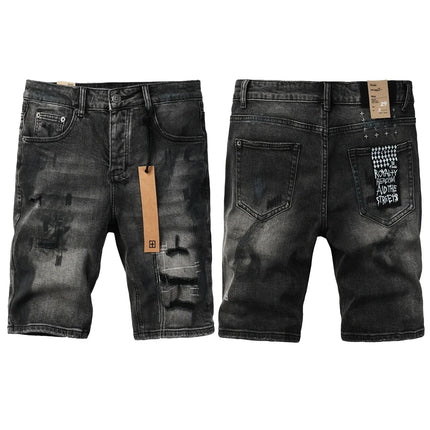 2026 Hot New Men's Blue Acid Washed Denim Shorts Distressed Ripped Embroidered Slim Fit Casual Shorts Streetwear Bottoms