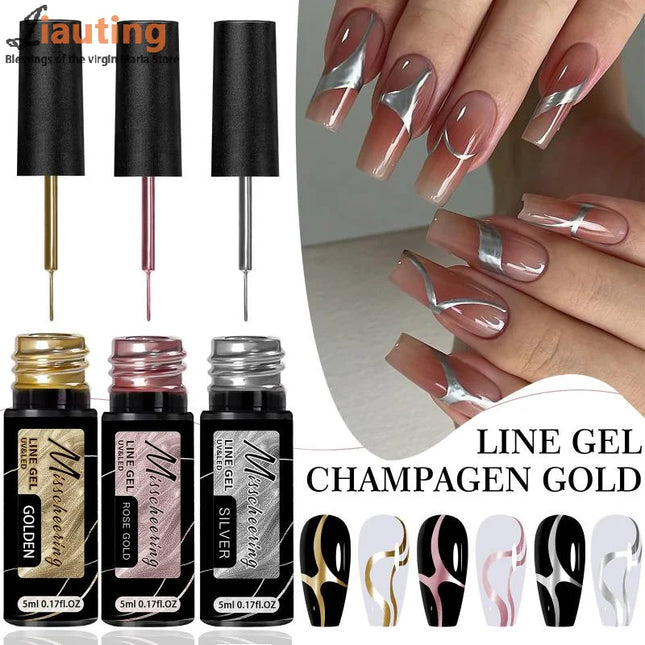 Gold Silver Metallic Liner Paint Gel Nail Polish Chrome Mirror Metal Effect Super Bright French UV LED Semi Permanent Nail Gel