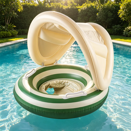 1PC Swimming Ring Inflatables with Detachable Canopy Sun Protection, Stripy Cartoon Float Seat with Handles for Boys Girls