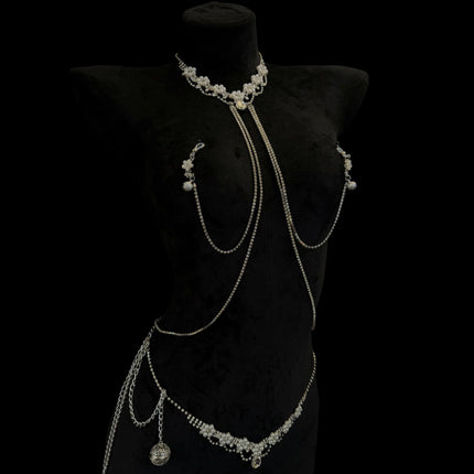 Erotic Pearl Nipple Clamps, Body Chain and Collar All-in-One SM Massage Nipple Body Decoration Adult Toy Breast Sex Toy nippel